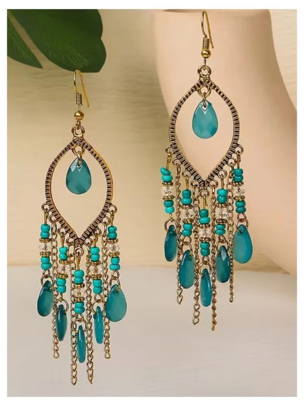 NWT Boho Turquoise Beaded Chandelier Dangle Earrings Aged Gold Vintage Festival